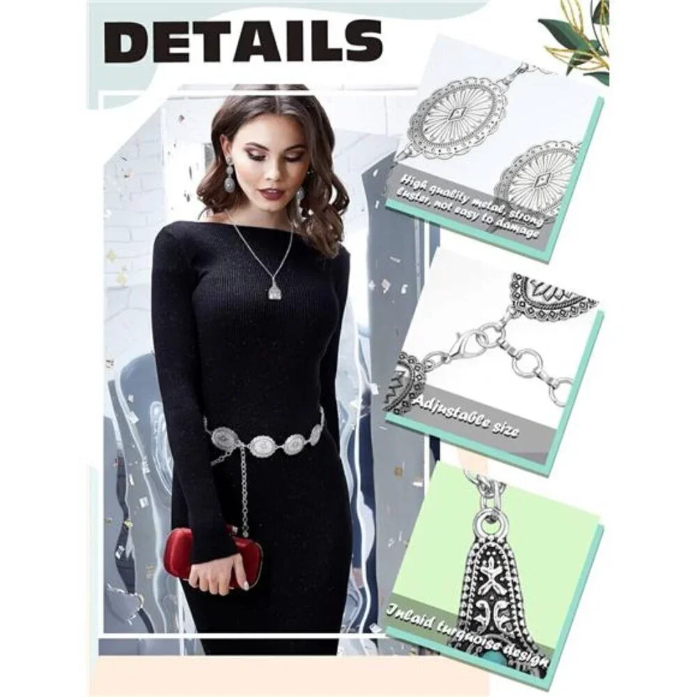 3 Pcs Western Jewelry Bohemian Set, Necklace, Earrings and Concho belt
